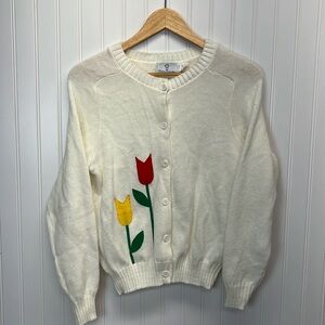 Vintage Girls Florence‎ Eiseman White Tulip Appliqué Knit Cardigan S 14